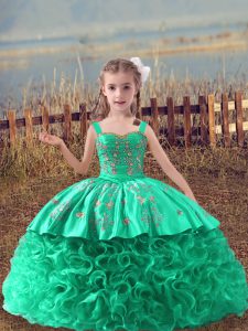 Sleeveless Fabric With Rolling Flowers Sweep Train Lace Up Little Girls Pageant Dress in Turquoise with Embroidery