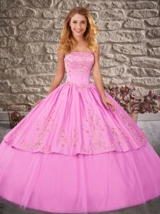 Dazzling Rose Pink Satin and Tulle Lace Up Vestidos de Quinceanera Sleeveless Brush Train Embroidery