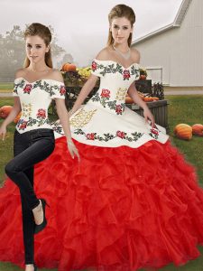 Beautiful Sleeveless Floor Length Embroidery and Ruffles Lace Up Quinceanera Gown with White And Red