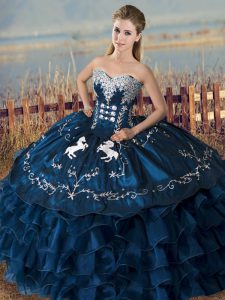 Sweet Sleeveless Floor Length Embroidery and Ruffles Lace Up Quince Ball Gowns with Navy Blue