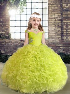 Charming Floor Length Yellow Green Evening Gowns Fabric With Rolling Flowers Sleeveless Beading and Ruffles