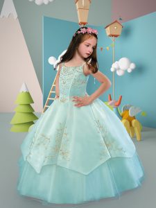 Floor Length Light Blue Pageant Gowns For Girls Satin Sleeveless Embroidery