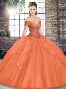 High Class Ball Gowns Quinceanera Dresses Orange Red Off The Shoulder Tulle Sleeveless Floor Length Lace Up