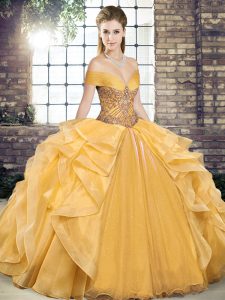 Dazzling Gold Off The Shoulder Neckline Beading and Ruffles Sweet 16 Dresses Sleeveless Lace Up