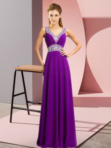 Purple Empire V-neck Sleeveless Chiffon Floor Length Lace Up Beading Prom Gown