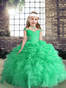 Floor Length Lace Up Pageant Dresses Apple Green and In with Beading and Ruffles and Pick Ups