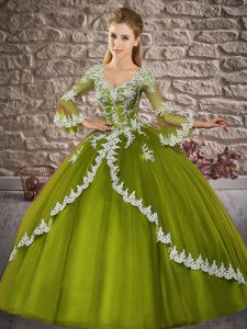 Flare Olive Green Lace Up Quince Ball Gowns Lace 3 4 Length Sleeve Floor Length