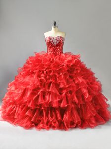 Hot Sale Sleeveless Lace Up Floor Length Beading and Ruffles and Sequins Sweet 16 Dresses