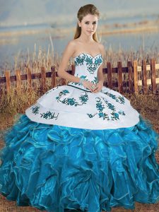 Organza Sweetheart Sleeveless Lace Up Embroidery and Ruffles and Bowknot Sweet 16 Quinceanera Dress in Blue And White