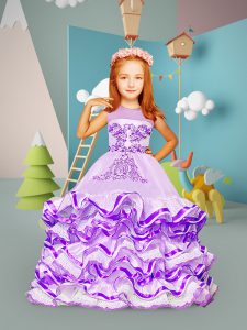 Excellent Lavender Satin Lace Up Scoop Sleeveless Floor Length Child Pageant Dress Beading and Embroidery and Ruffled La