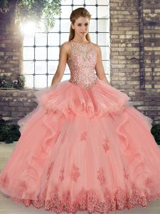 Floor Length Lace Up 15 Quinceanera Dress Watermelon Red for Military Ball and Sweet 16 and Quinceanera with Lace and Em