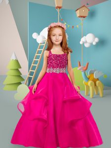 Perfect Sleeveless Organza Floor Length Zipper Little Girl Pageant Dress in Hot Pink with Beading and Ruffles