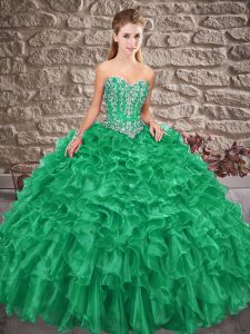 Green Organza Lace Up 15th Birthday Dress Sleeveless Brush Train Beading and Ruffles