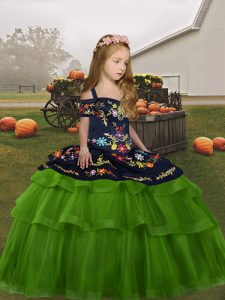 Lovely Green Straps Neckline Embroidery Girls Pageant Dresses Sleeveless Lace Up