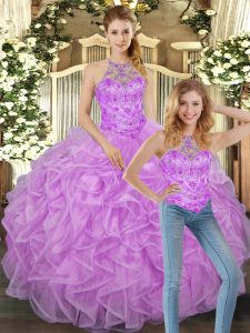 Great Two Pieces Sweet 16 Quinceanera Dress Lilac Halter Top Tulle Sleeveless Floor Length Lace Up