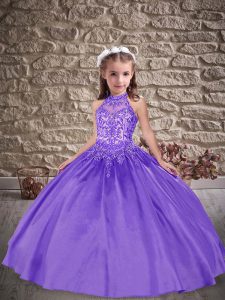 Halter Top Sleeveless Satin Little Girl Pageant Gowns Beading and Appliques Sweep Train Lace Up