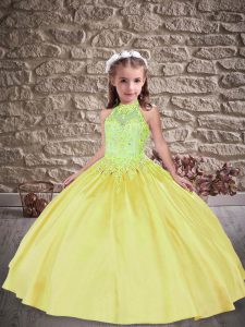 Charming Ball Gowns Sleeveless Yellow Green Winning Pageant Gowns Sweep Train Lace Up