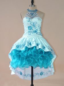 Pretty Aqua Blue Satin and Organza Lace Up Sleeveless High Low Embroidery and Ruffles