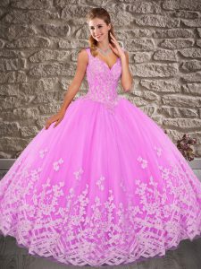 Luxury Ball Gowns Sleeveless Lilac Quinceanera Gowns Brush Train Lace Up