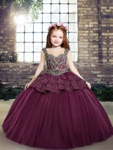 Purple Ball Gowns Straps Sleeveless Tulle Floor Length Lace Up Beading and Appliques Kids Pageant Dress