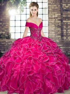 Hot Pink Off The Shoulder Neckline Beading and Ruffles Quince Ball Gowns Sleeveless Lace Up