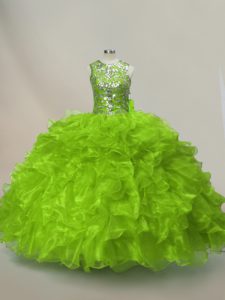 Floor Length Green Quinceanera Dress Organza Sleeveless Ruffles and Sequins