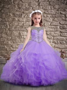 Sleeveless Sweep Train Lace Up Beading and Ruffles Little Girls Pageant Dress