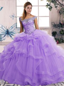 Superior Lavender Ball Gowns Beading and Ruffles Ball Gown Prom Dress Lace Up Tulle Sleeveless Floor Length