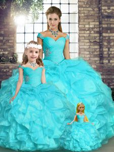 Off The Shoulder Sleeveless Organza Quinceanera Gown Beading and Ruffles Lace Up