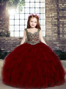 Red Sleeveless Tulle Lace Up Child Pageant Dress for Party and Military Ball and Wedding Party