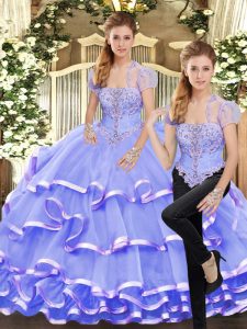 Lavender Sleeveless Floor Length Beading and Ruffled Layers Lace Up Quinceanera Gown