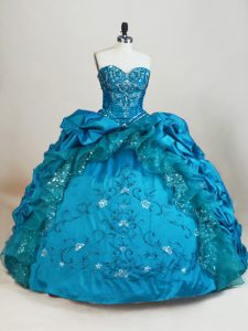 Sweetheart Sleeveless Sweet 16 Quinceanera Dress Floor Length Beading and Embroidery and Pick Ups Baby Blue Taffeta