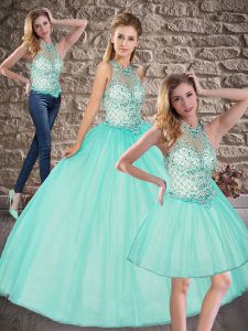 Spectacular Scoop Sleeveless Tulle Sweet 16 Dresses Beading Lace Up