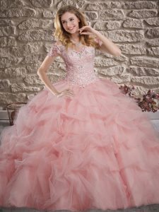 Spectacular Sleeveless Lace and Pick Ups Lace Up Quince Ball Gowns with Baby Pink Sweep Train