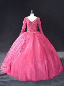 Pretty V-neck Long Sleeves Tulle 15 Quinceanera Dress Lace and Appliques Lace Up