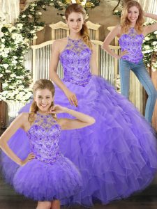 Modern Lavender Tulle Lace Up Sweet 16 Dresses Sleeveless Floor Length Beading and Ruffles