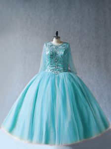 Ball Gowns Ball Gown Prom Dress Aqua Blue Scoop Tulle Long Sleeves Floor Length Lace Up