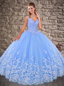 Discount Blue Tulle Lace Up V-neck Sleeveless Ball Gown Prom Dress Brush Train Appliques