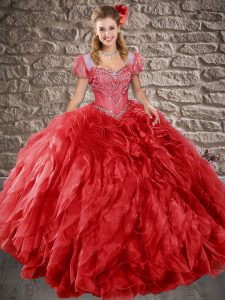 Red Sleeveless Organza Sweep Train Lace Up Quinceanera Gowns for Military Ball and Sweet 16 and Quinceanera