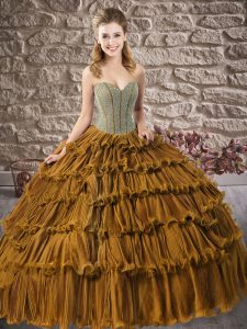 Luxury Floor Length Brown Sweet 16 Dresses Organza Sleeveless Beading and Ruffled Layers