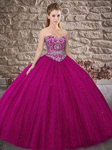 Amazing Fuchsia Ball Gowns Beading Ball Gown Prom Dress Lace Up Tulle Sleeveless