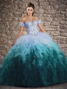 Multi-color Tulle Lace Up Sweet 16 Dress Sleeveless Brush Train Beading and Ruffles