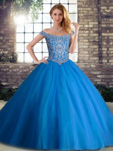 Superior Blue Ball Gowns Tulle Off The Shoulder Sleeveless Beading Lace Up Quinceanera Gown Brush Train