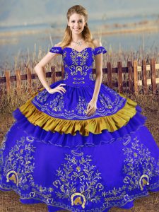 Floor Length Blue Quinceanera Dresses Off The Shoulder Sleeveless Lace Up