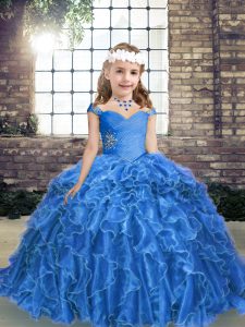 Luxurious Blue Sleeveless Organza Lace Up Little Girl Pageant Dress for Party and Wedding Party