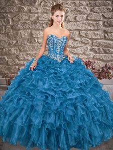 Blue Organza Lace Up Sweetheart Sleeveless Ball Gown Prom Dress Brush Train Beading and Ruffles
