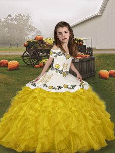 Straps Sleeveless Lace Up Little Girl Pageant Gowns Gold Organza