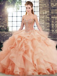 Peach Quinceanera Dress Military Ball and Sweet 16 and Quinceanera with Beading and Ruffles Sweetheart Sleeveless Brush 