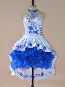 Comfortable Halter Top Sleeveless Prom Dresses High Low Embroidery and Ruffles Royal Blue Satin and Organza