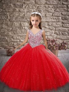 V-neck Sleeveless Little Girls Pageant Dress Floor Length Beading Red Tulle